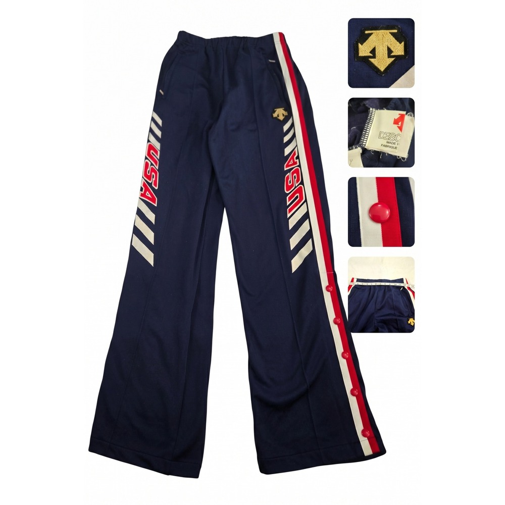 Vintage Descente USA Track Pants Navy Blue Made in Japan Snap Button Leg 80s 90s